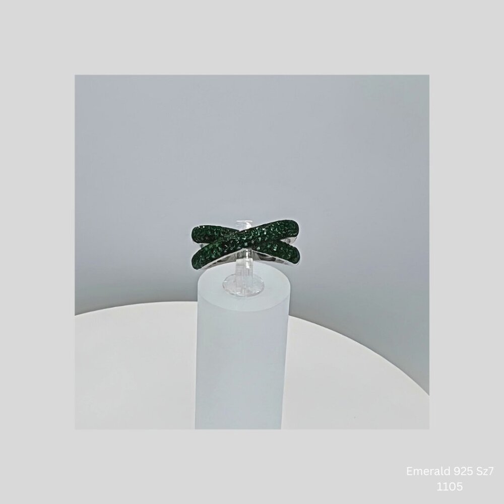 Handmade Emerald Pave Crossover Ring 925 Silver Size 7 Resizable Jewelry Supply